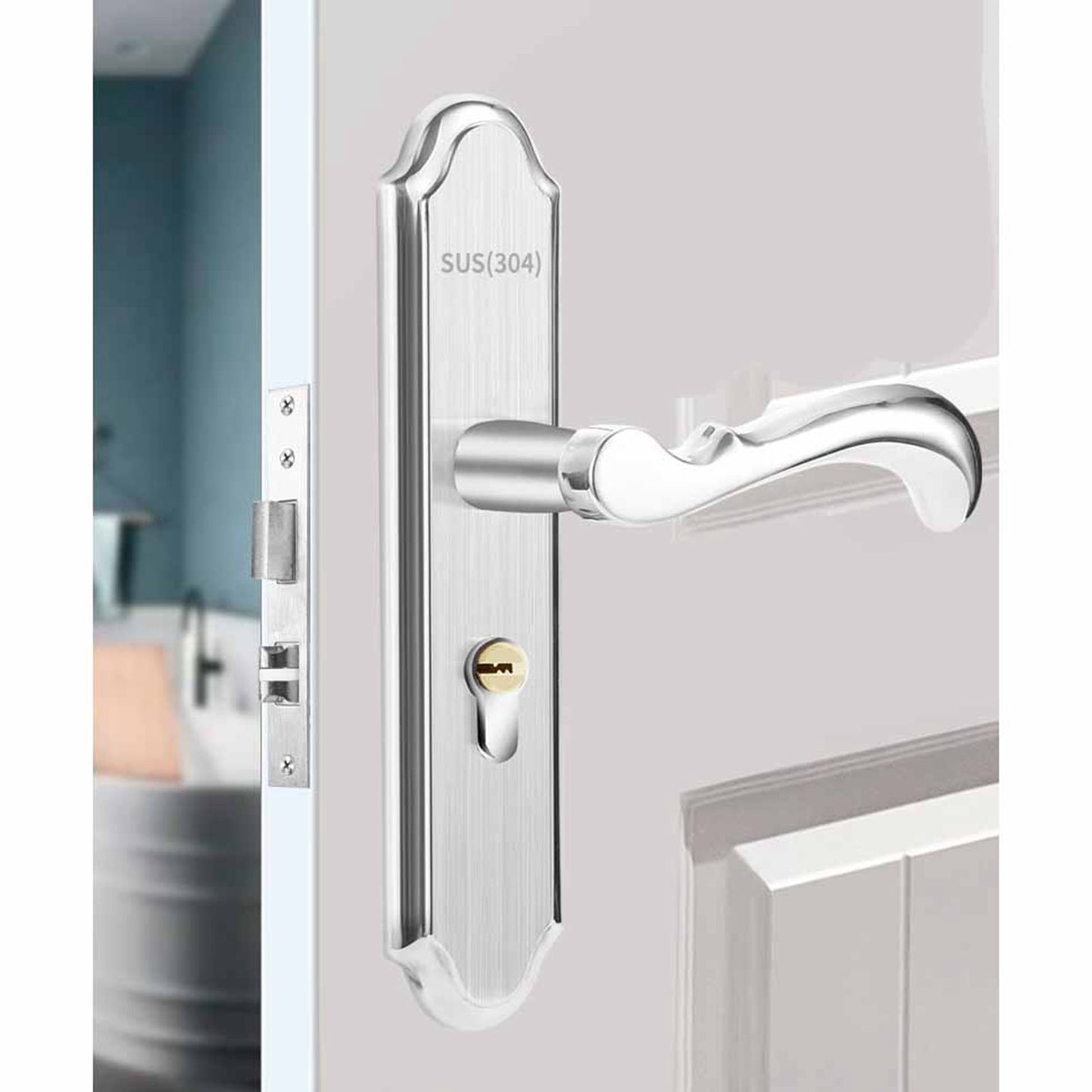 Keyed Entry Door Lock Silent Double Latch Irregular Stainless Steel Door Handle Lock for Bedroom Hotel Balcony V1294-YM0512-3114220093411