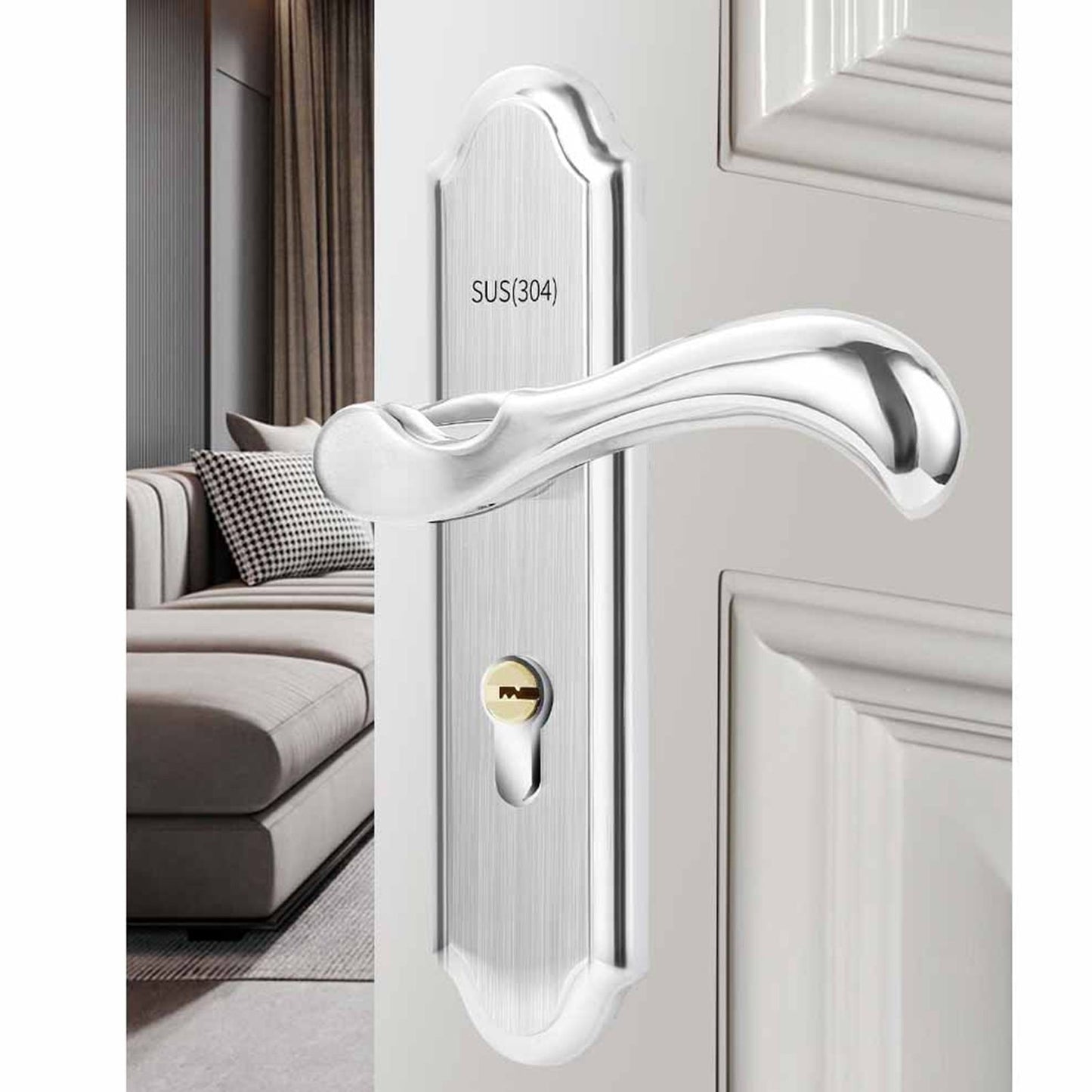Keyed Entry Door Lock Silent Double Latch Irregular Stainless Steel Door Handle Lock for Bedroom Hotel Balcony V1294-YM0512-3114220093411