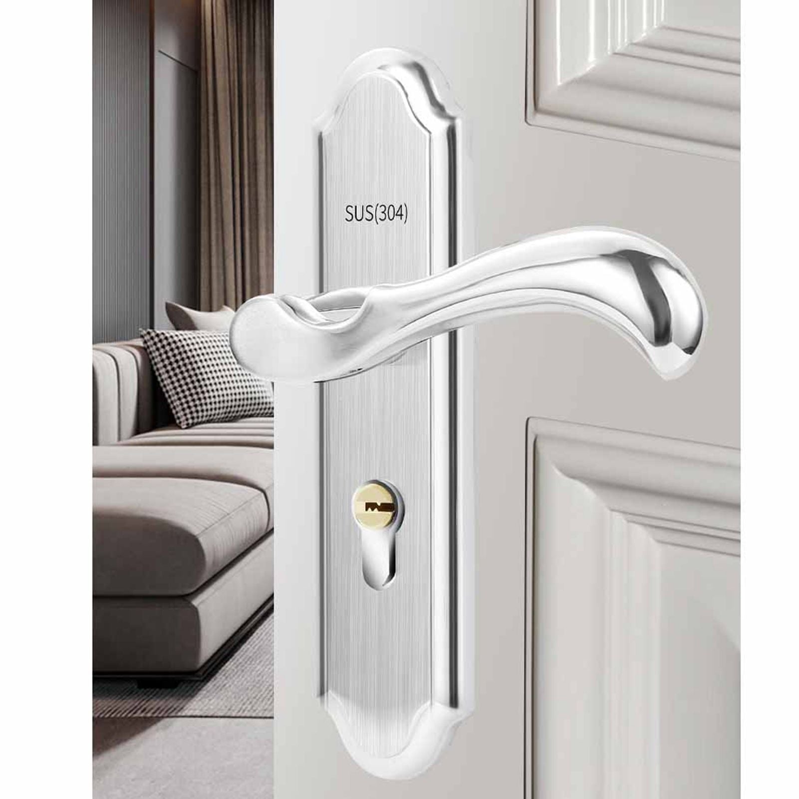 Keyed Entry Door Lock Silent Double Latch Irregular Stainless Steel Door Handle Lock for Bedroom Hotel Balcony V1294-YM0512-3114220093411