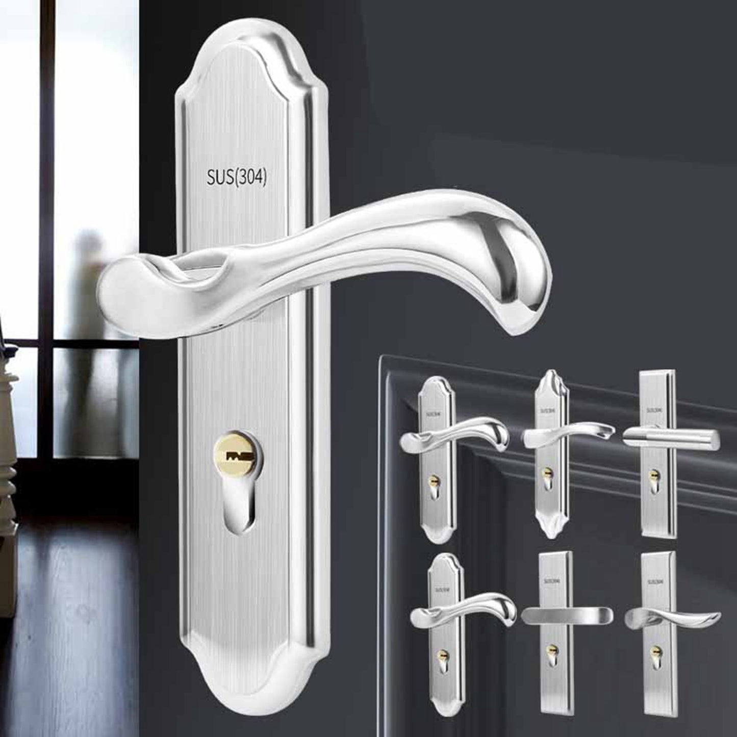 Keyed Entry Door Lock Silent Double Latch Irregular Stainless Steel Door Handle Lock for Bedroom Hotel Balcony V1294-YM0512-3114220093411