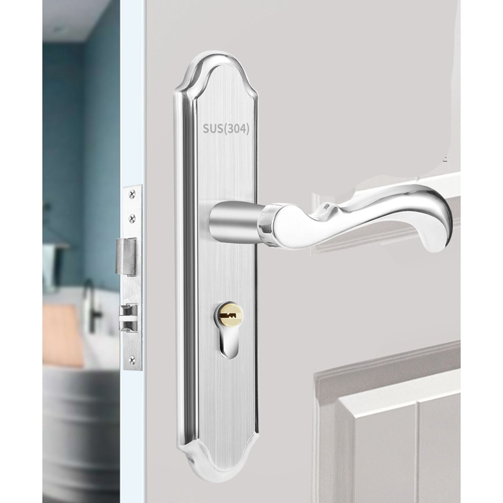 Stainless Steel Handle Door Lock Mechanical Magnetic Security Entry Lever Lock for Bedroom Hotel Balcony V1294-YM0512-3114220093511