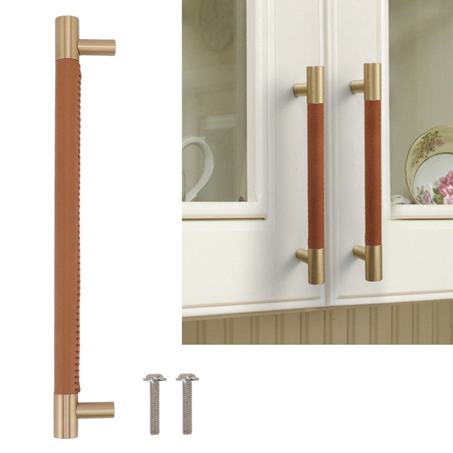 Cabinet Door Handle 224MM Hole Pitch Leather Brass Light Luxury Cupboard Bar Pull Handle for Home Wardrobe V1294-YM0512-3114220102212