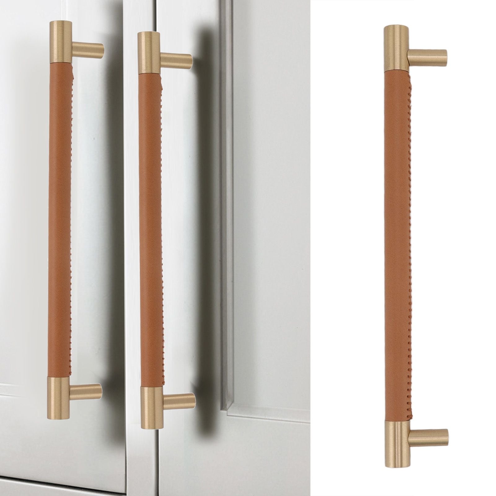 Cabinet Door Handle 224MM Hole Pitch Leather Brass Light Luxury Cupboard Bar Pull Handle for Home Wardrobe V1294-YM0512-3114220102212