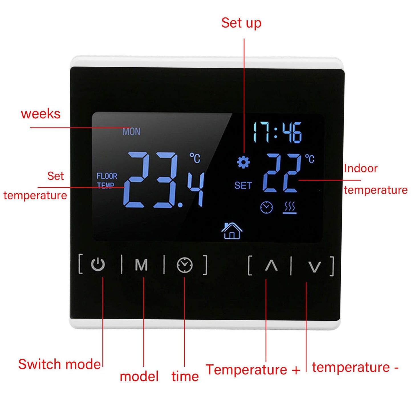 Smart Thermostat Backlit Touch Screen Dual Control Temperature Controller for Floor Heating High Power AC V1294-YM0512-3114220102511