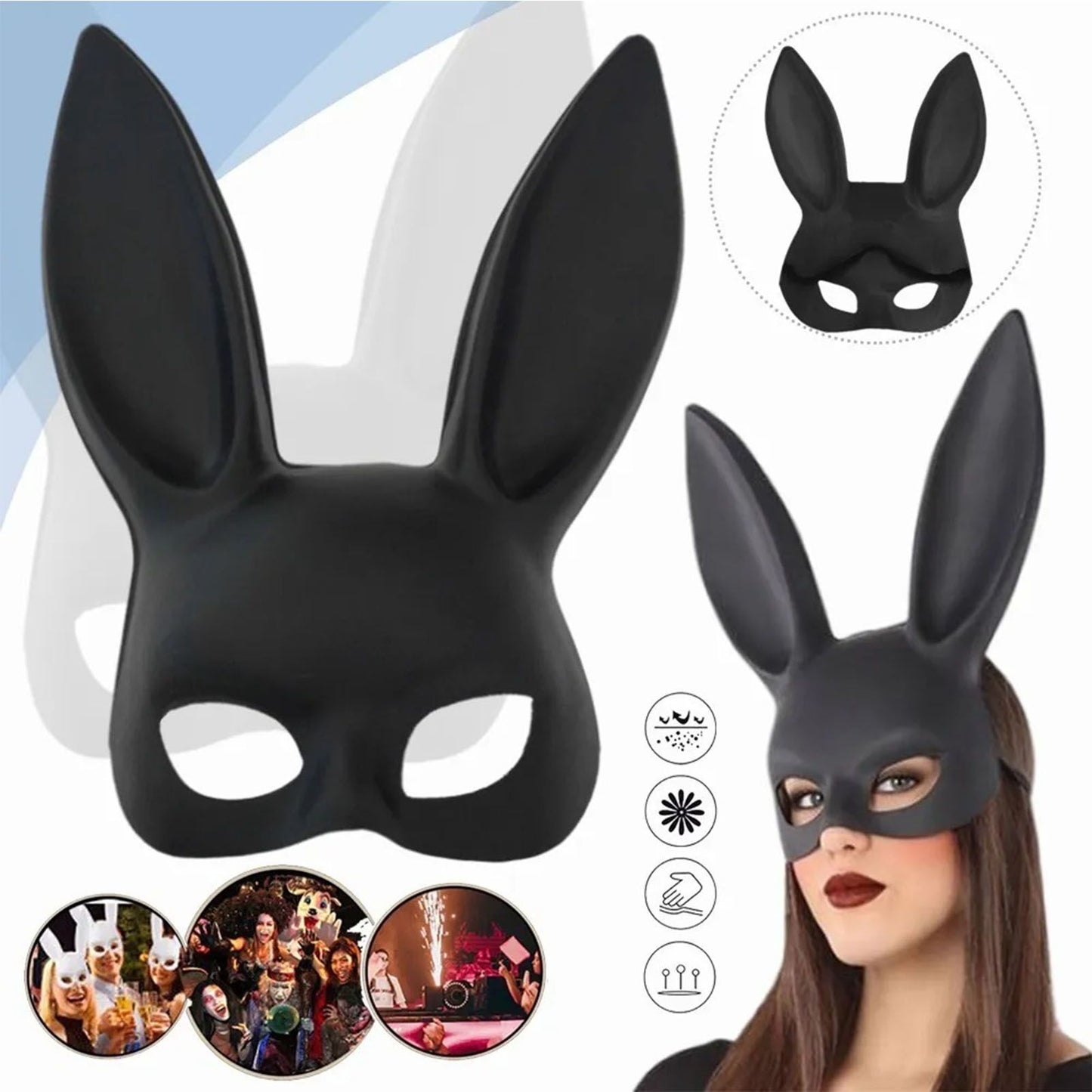 Rabbit Ears Mask Half Face Environmental Protection PVC Masquerade Mask for Parties Costume Matte Black V1294-YM0512-3115220108811