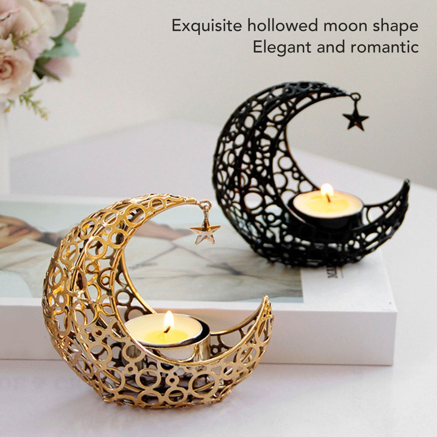 Romantic Moon Candlestick Iron Hollowed Candle Holder for Weddings Christmas Decoration Dining Coffee Table V1294-YM0512-3115220112912