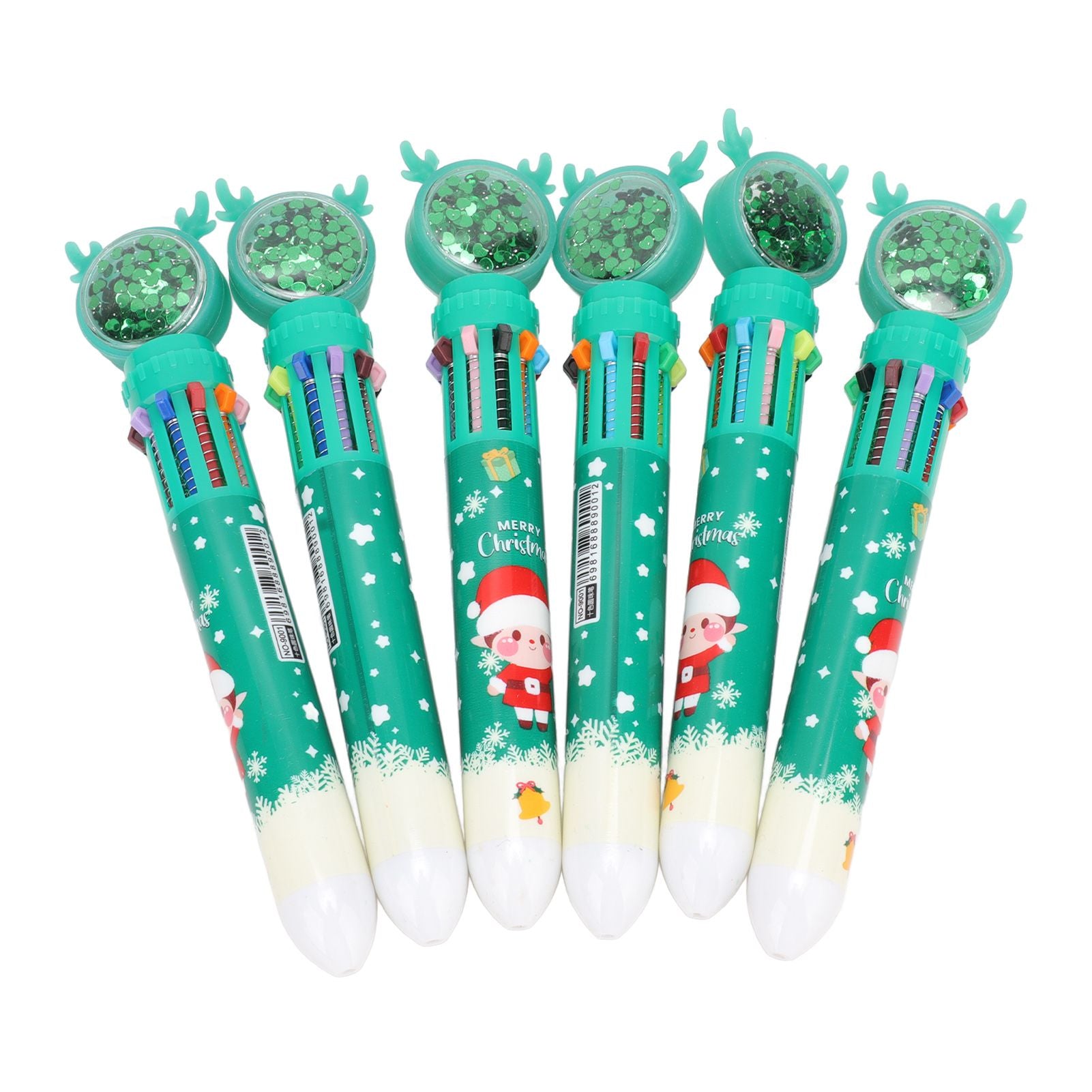 6Pcs Christmas Theme Ballpoint Pens 10 Color Cute Sequin Retractable Gift School Office Stationery Green Boy V1294-YM0512-3115220119512