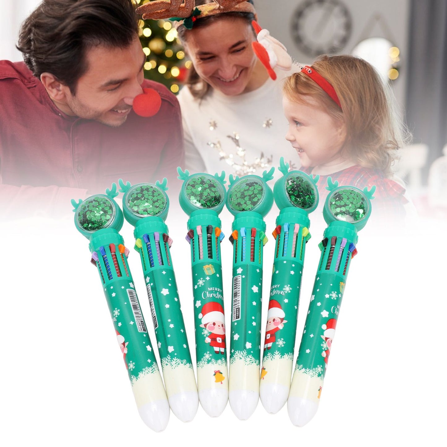 6Pcs Christmas Theme Ballpoint Pens 10 Color Cute Sequin Retractable Gift School Office Stationery Green Boy V1294-YM0512-3115220119512