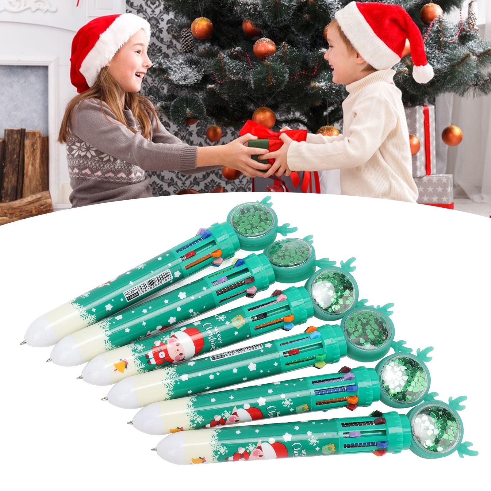 6Pcs Christmas Theme Ballpoint Pens 10 Color Cute Sequin Retractable Gift School Office Stationery Green Boy V1294-YM0512-3115220119512