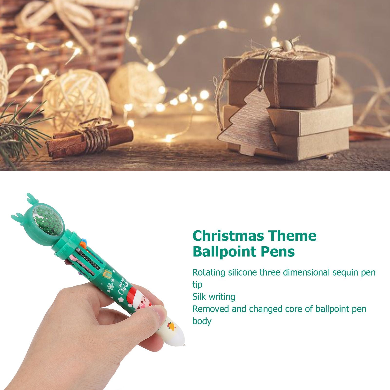 6Pcs Christmas Theme Ballpoint Pens 10 Color Cute Sequin Retractable Gift School Office Stationery Green Boy V1294-YM0512-3115220119512