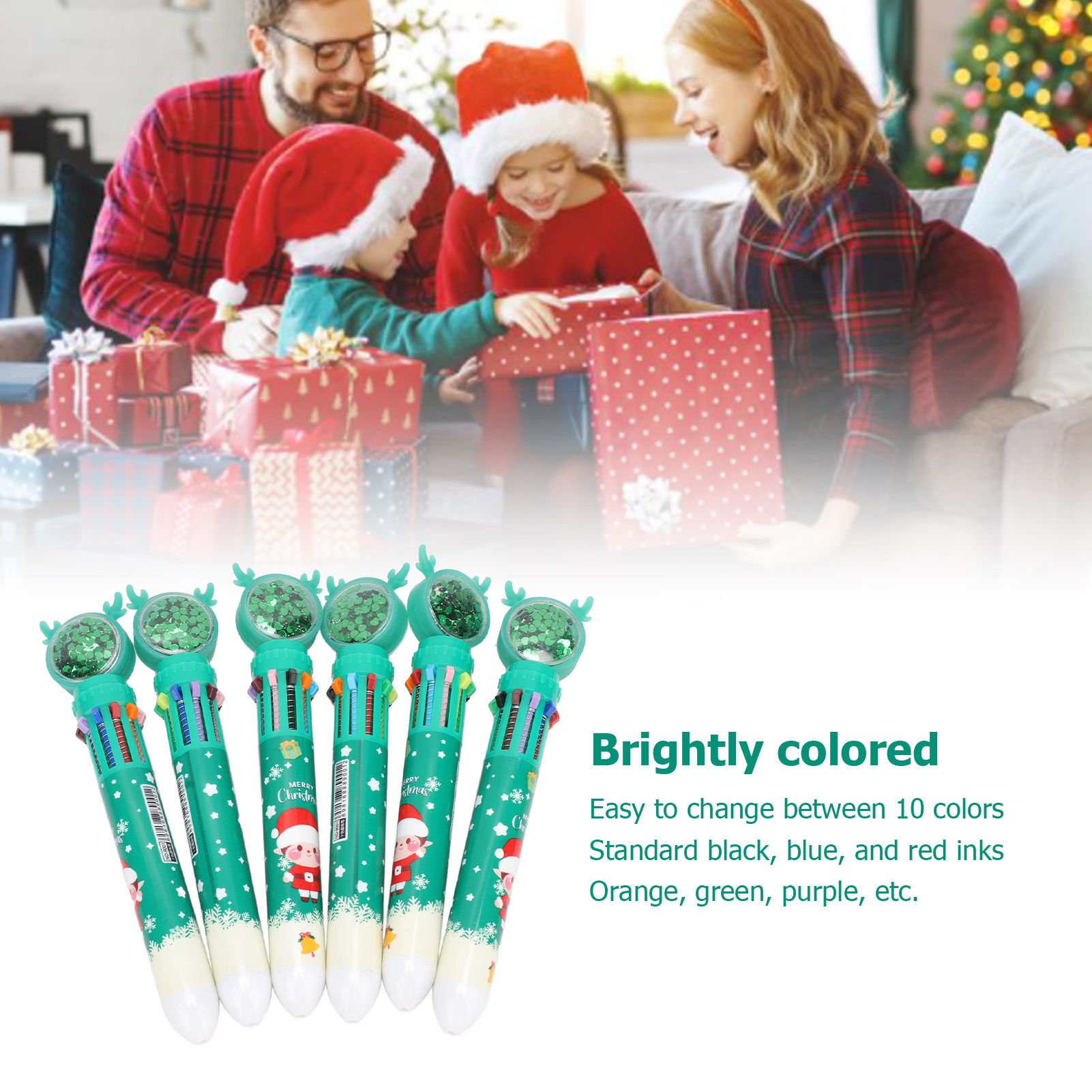 6Pcs Christmas Theme Ballpoint Pens 10 Color Cute Sequin Retractable Gift School Office Stationery Green Boy V1294-YM0512-3115220119512