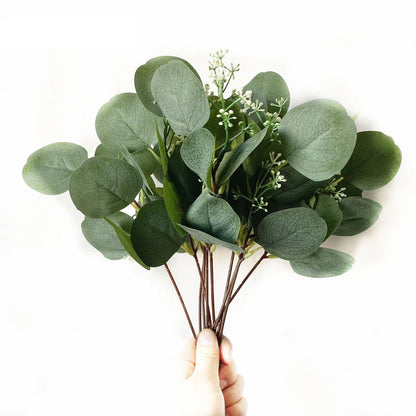 24Pcs Artificial Eucalyptus Stem Branches Round Eucalyptus Leaf with White Flower Decor Artificial Wedding V1294-YM0512-3115220127711