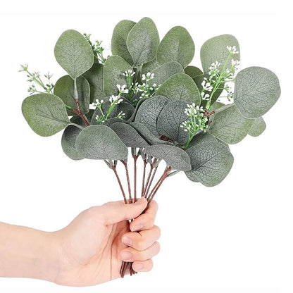 24Pcs Artificial Eucalyptus Stem Branches Round Eucalyptus Leaf with White Flower Decor Artificial Wedding V1294-YM0512-3115220127711