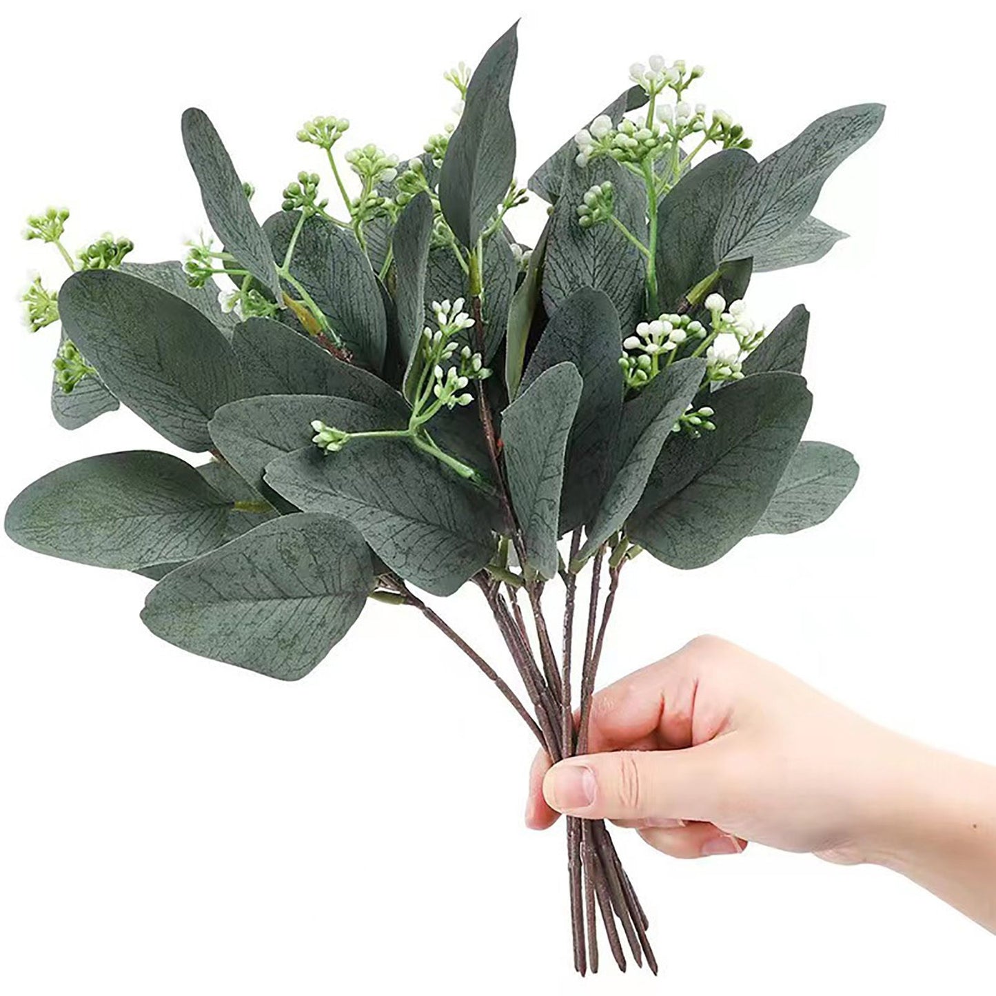 24Pcs Artificial Eucalyptus Stem Branches Round Eucalyptus Leaf with White Flower Decor Artificial Wedding V1294-YM0512-3115220127711
