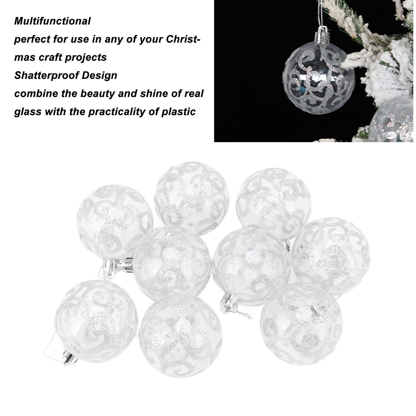 9Pcs Christmas Ball Ornaments Exquisite Plastic Shatterproof Hanging Christmas Tree Ornaments for Home Silver V1294-YM0512-3115220137214