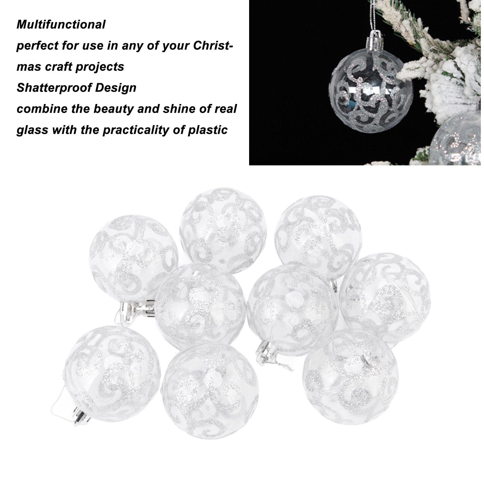 9Pcs Christmas Ball Ornaments Exquisite Plastic Shatterproof Hanging Christmas Tree Ornaments for Home Silver V1294-YM0512-3115220137214
