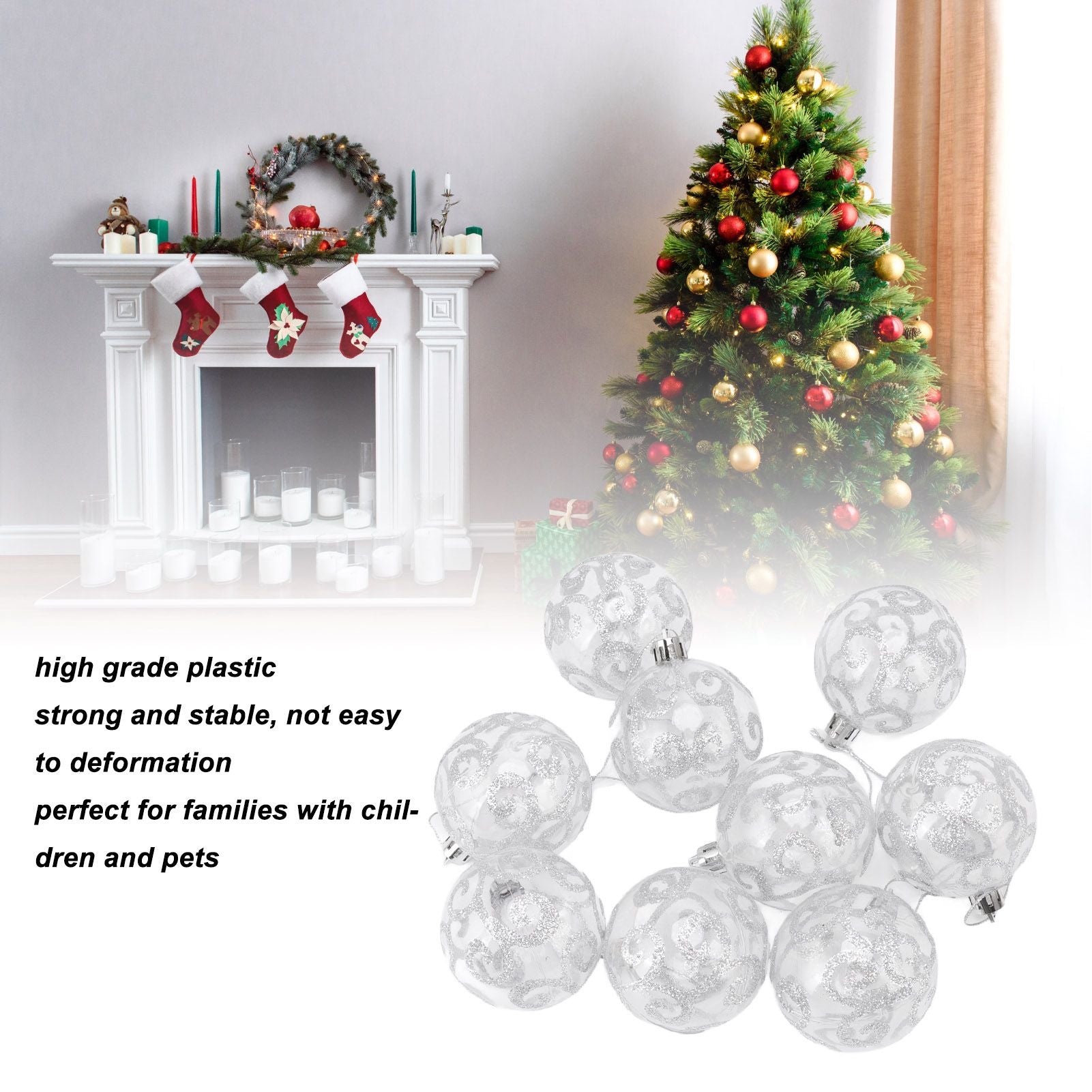 9Pcs Christmas Ball Ornaments Exquisite Plastic Shatterproof Hanging Christmas Tree Ornaments for Home Silver V1294-YM0512-3115220137214
