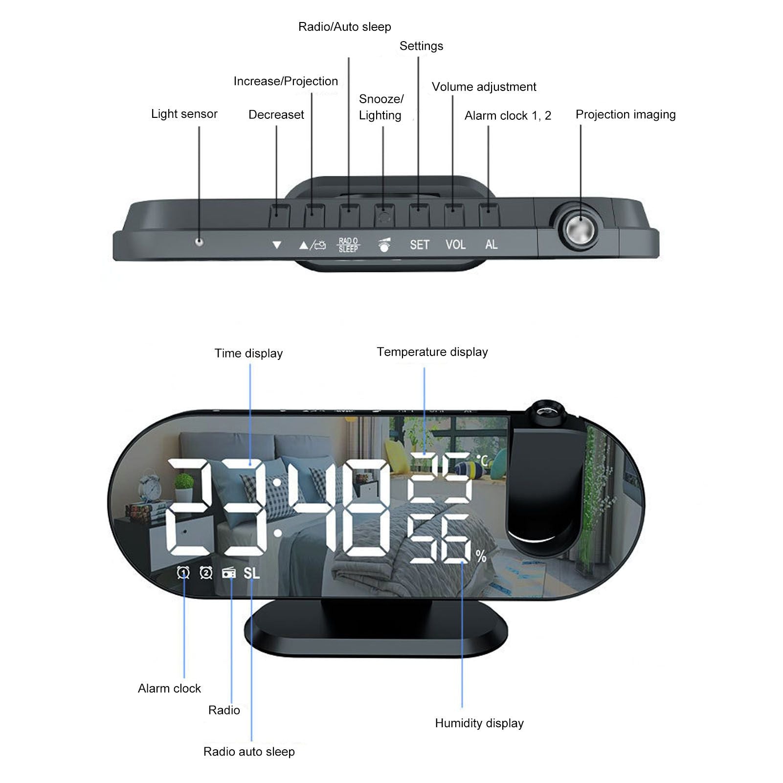 Projection Alarm Clock USB Powered Mirror Display Design High Brightness LED Light Source Ceiling Digital V1294-YM0512-3115220139011