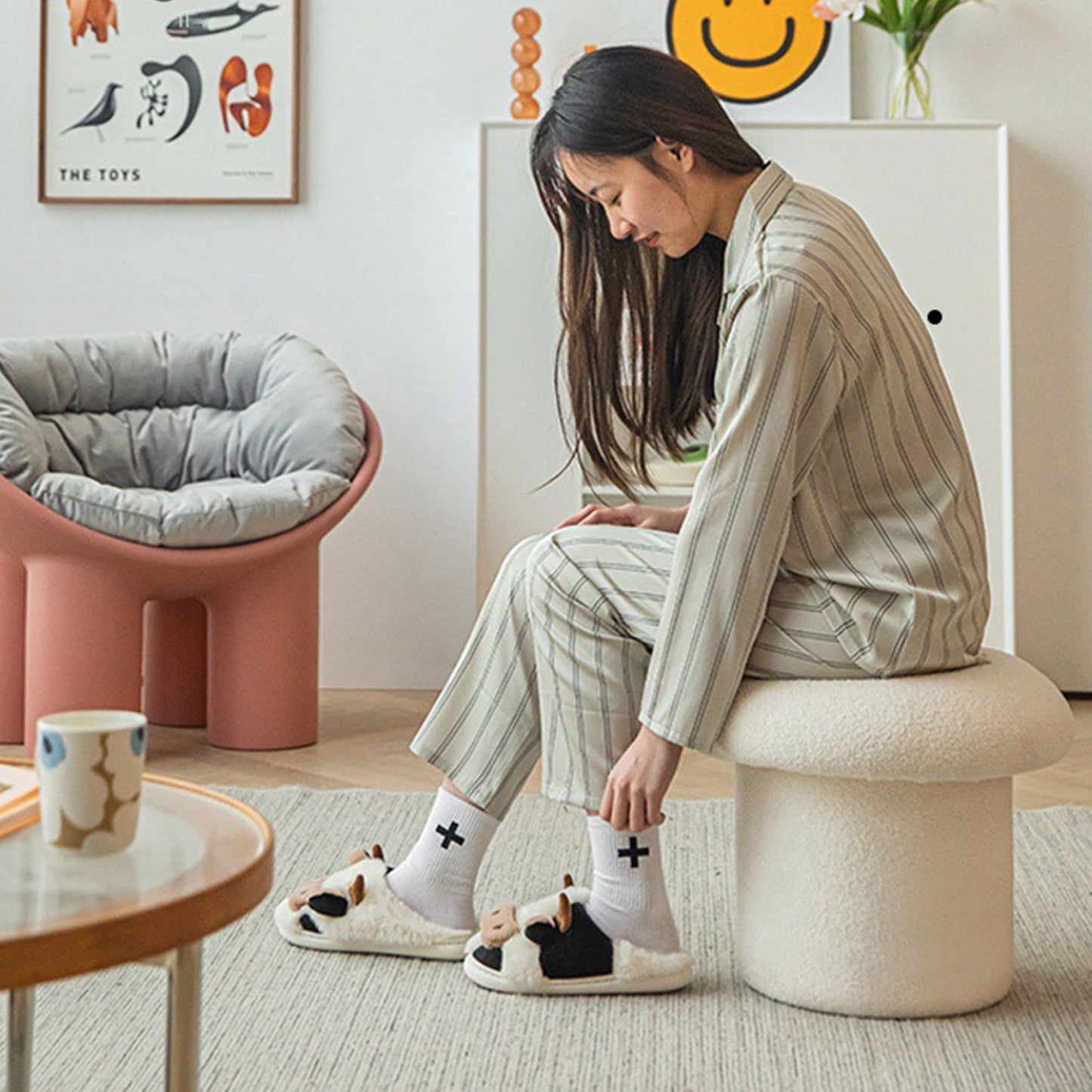 Sofa Bench Simple Modern Elastic Comfortable Soft Round Pine Wooden Foot Stool for Home Decoration White V1294-YM0512-3116220012411