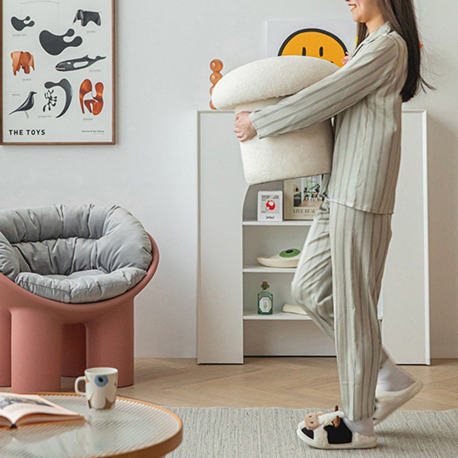 Sofa Bench Simple Modern Elastic Comfortable Soft Round Pine Wooden Foot Stool for Home Decoration White V1294-YM0512-3116220012411