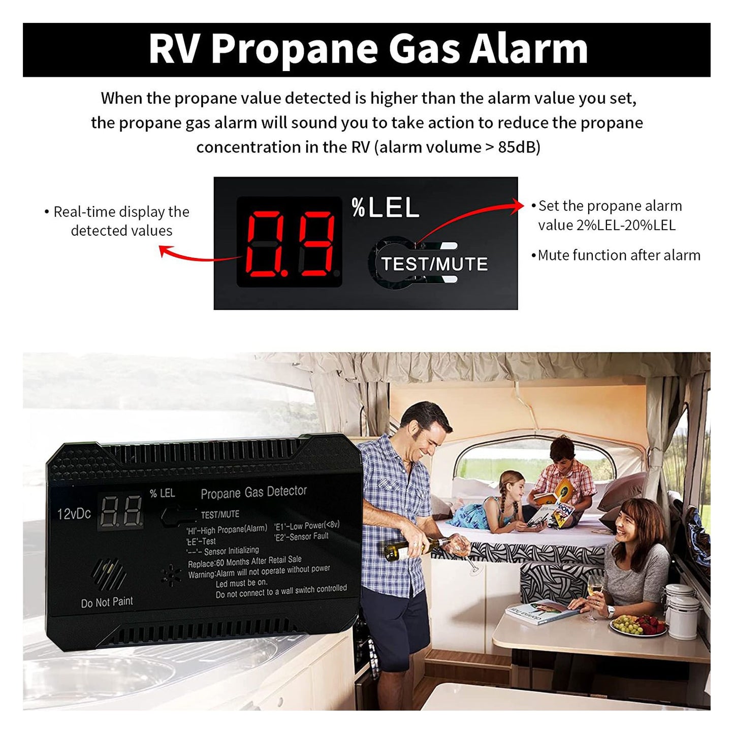 RV Propane Gas Detector 85dB Loudly Sound Alarms RV Propane Alarm with UL Certified Sensor Black V1294-YM0512-3117220247812