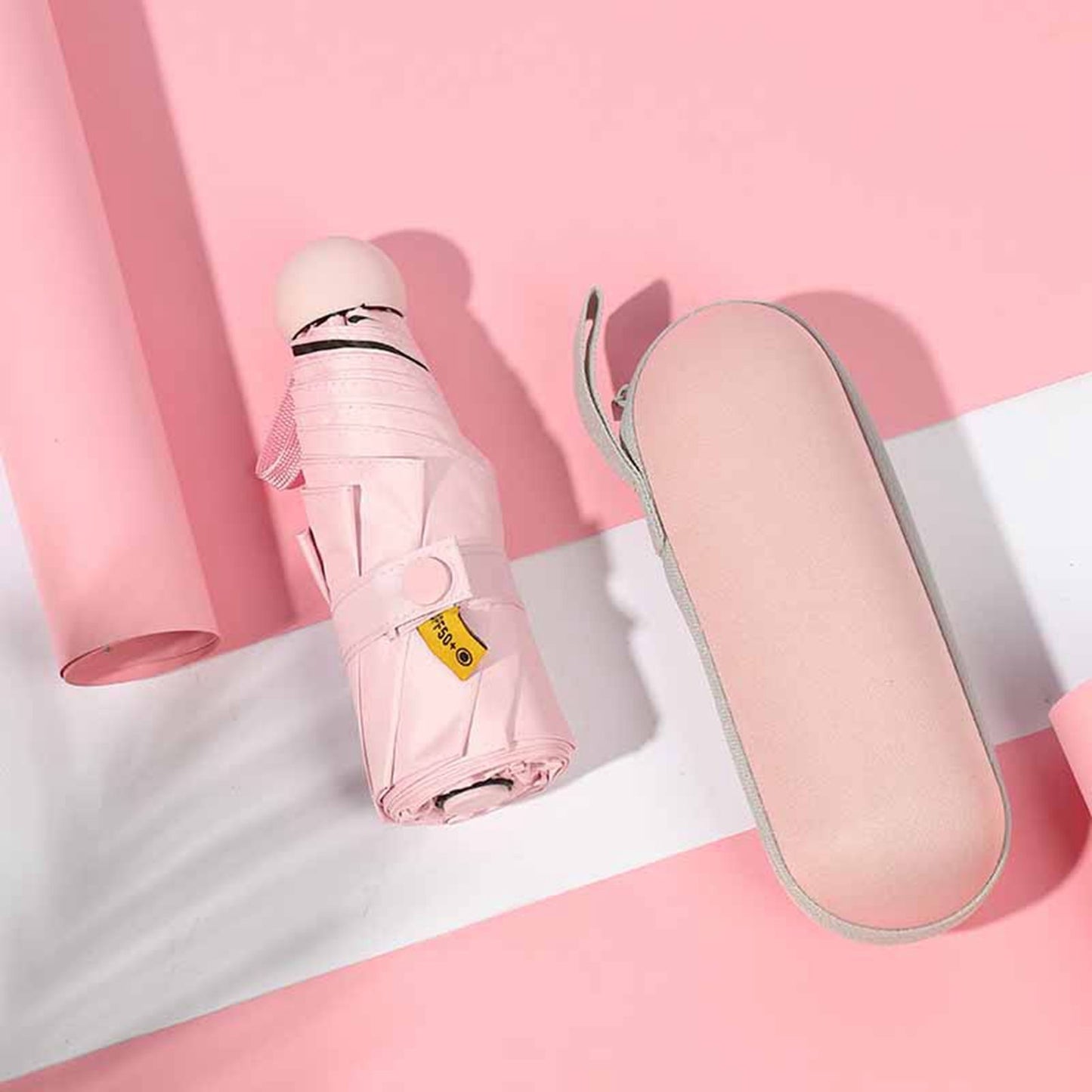 6 Ribs Folding Umbrella Five Fold UV Proof Sunscreen Capsule Umbrella for Sunny Rainy Days Pink with Storage V1294-YM0512-3117220249311
