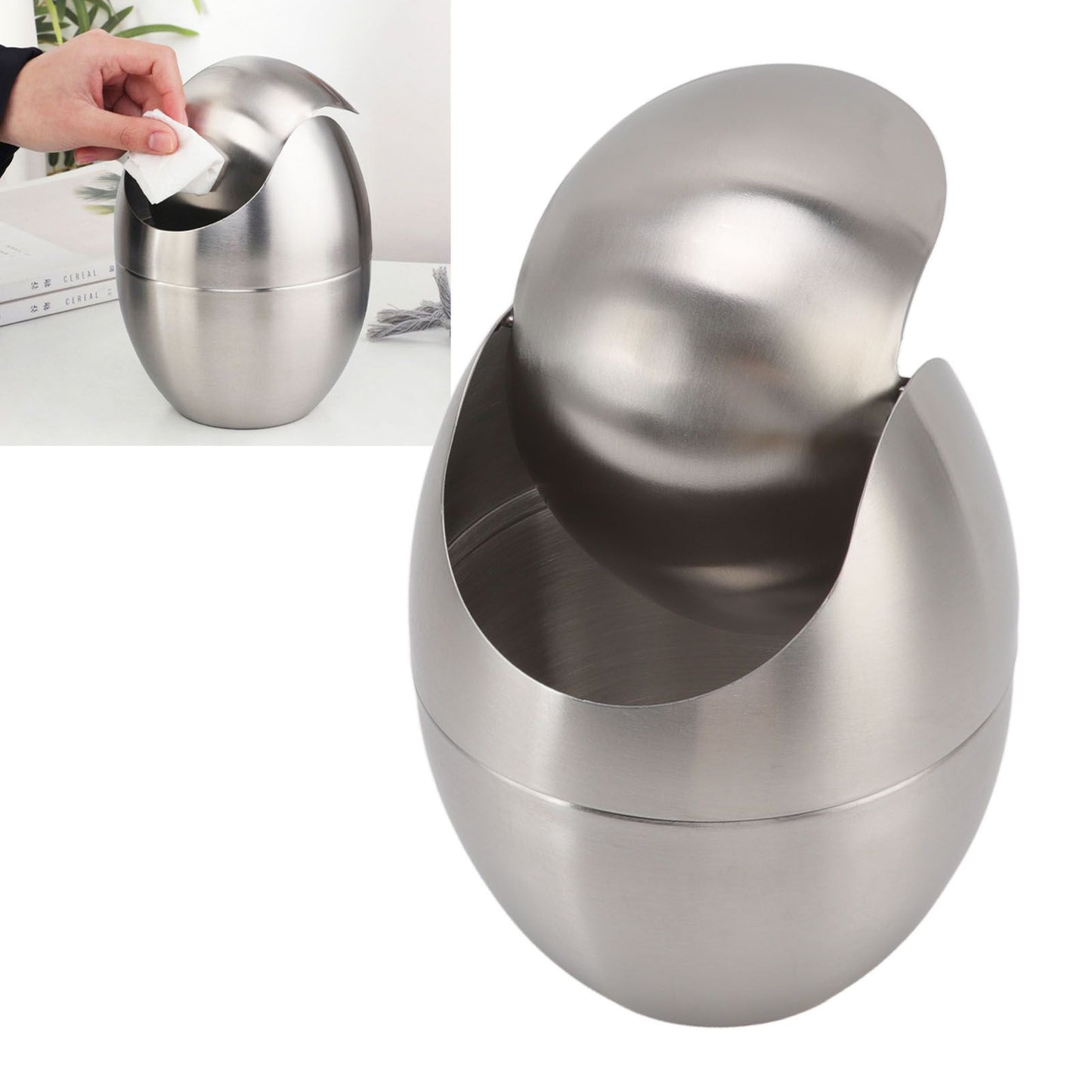 Desktop Trash Can Stainless Steel Egg Shape Mini Countertop Waste Bin with Swing Lid for Bathroom Bedroom V1294-YM0512-3117220254311