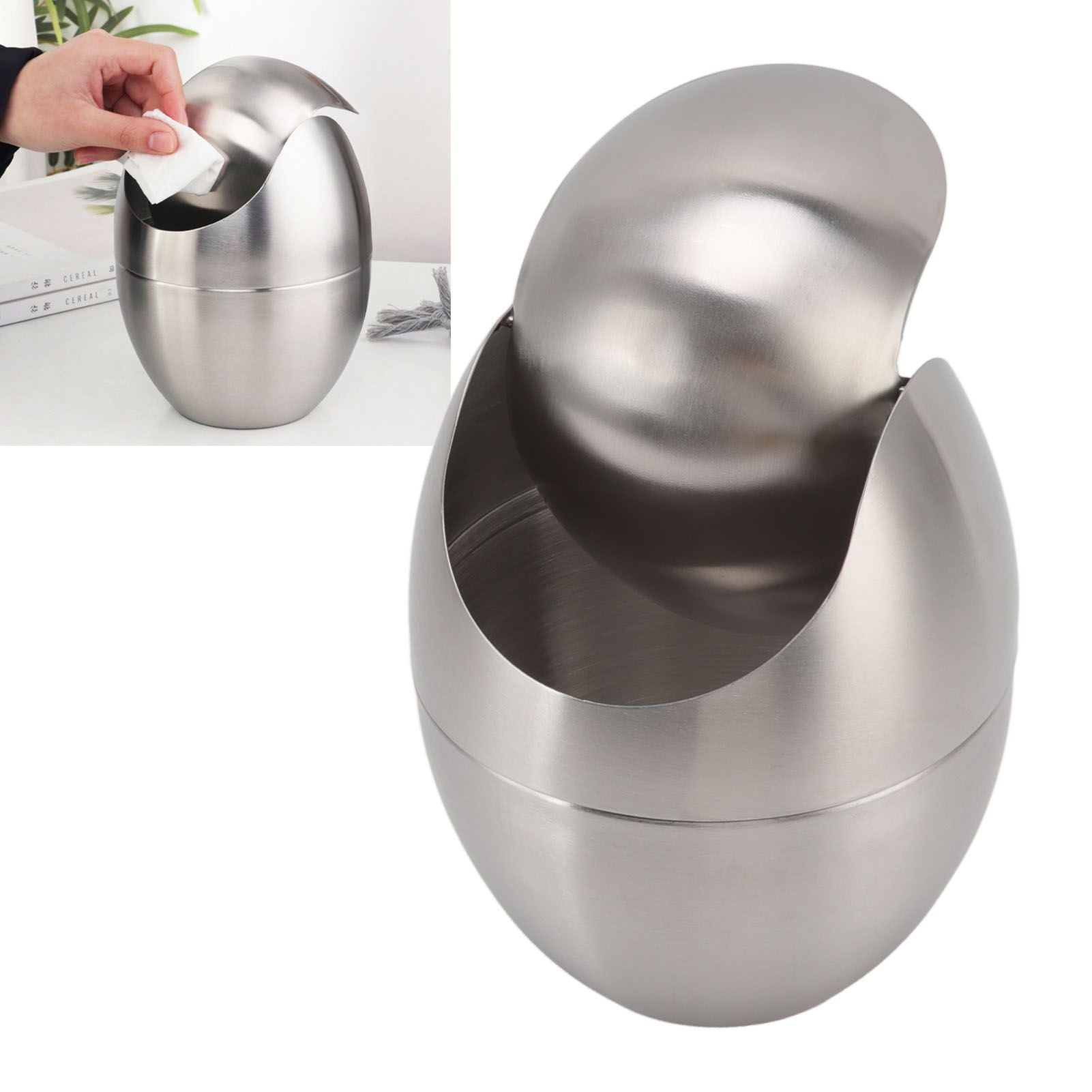 Desktop Trash Can Stainless Steel Egg Shape Mini Countertop Waste Bin with Swing Lid for Bathroom Bedroom V1294-YM0512-3117220254311