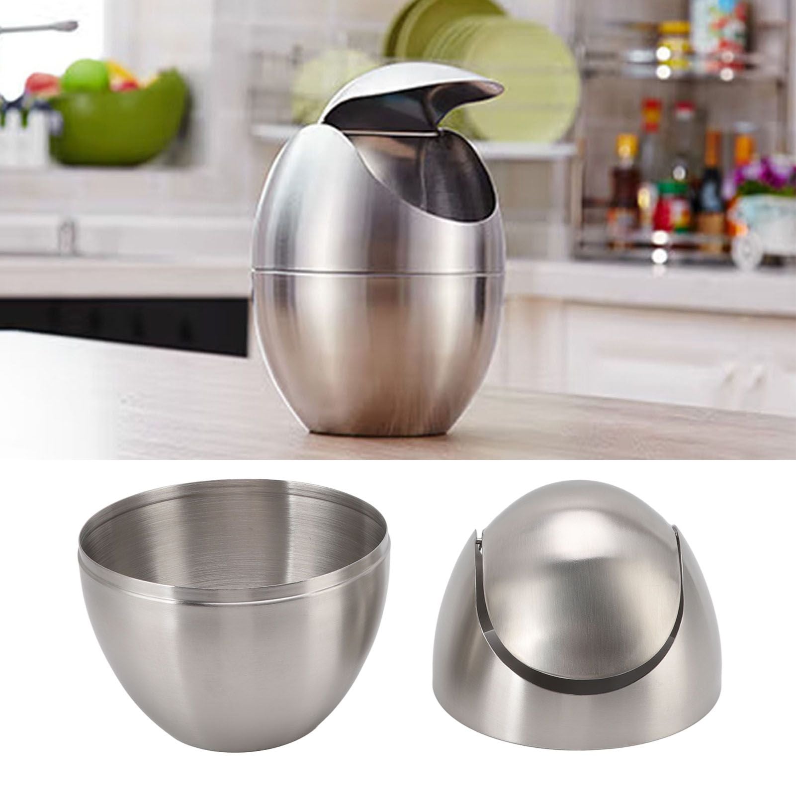 Desktop Trash Can Stainless Steel Egg Shape Mini Countertop Waste Bin with Swing Lid for Bathroom Bedroom V1294-YM0512-3117220254311