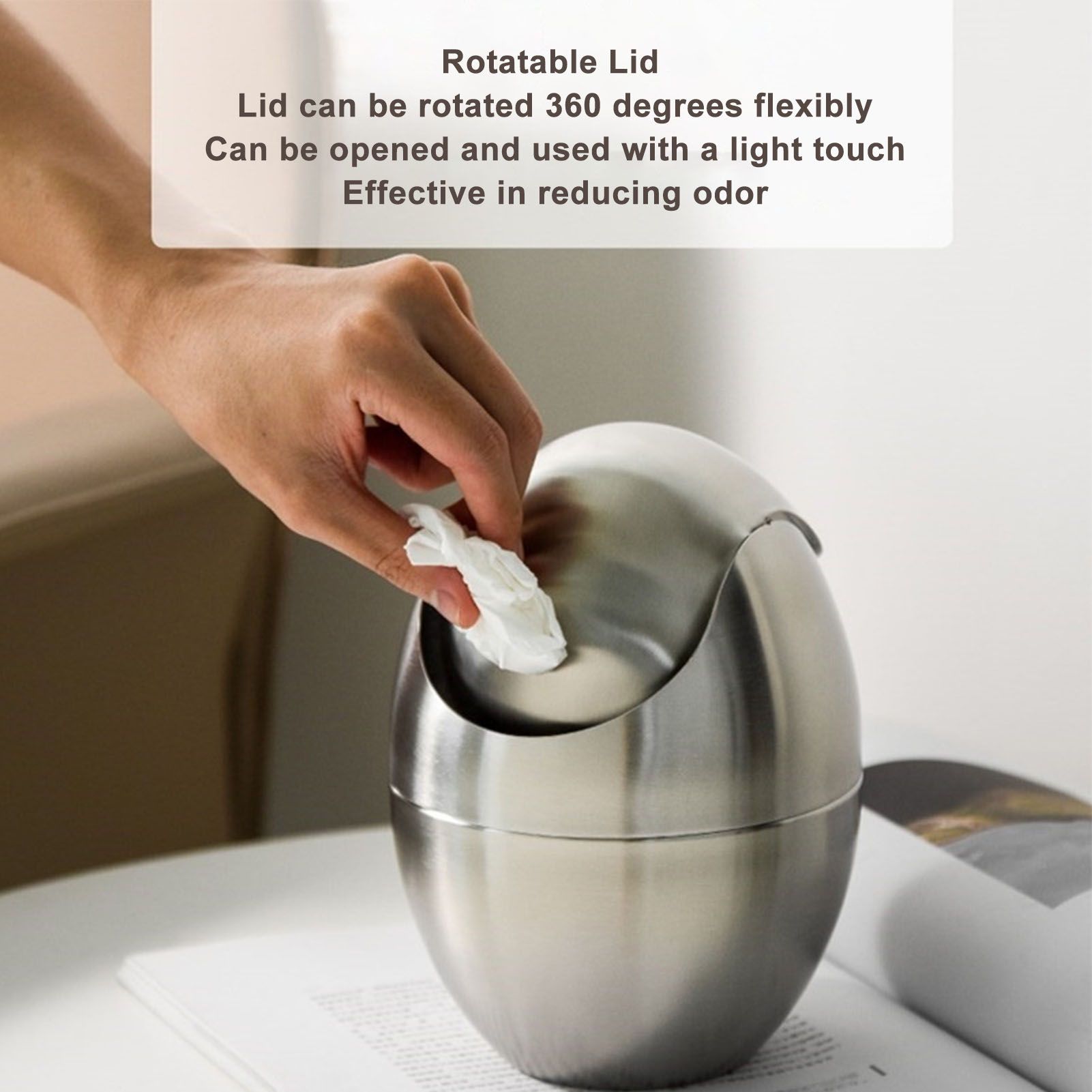 Desktop Trash Can Stainless Steel Egg Shape Mini Countertop Waste Bin with Swing Lid for Bathroom Bedroom V1294-YM0512-3117220254311