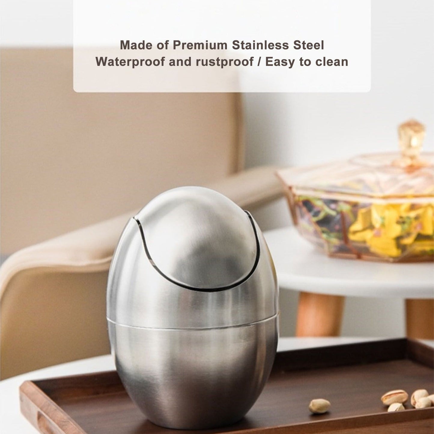 Desktop Trash Can Stainless Steel Egg Shape Mini Countertop Waste Bin with Swing Lid for Bathroom Bedroom V1294-YM0512-3117220254311