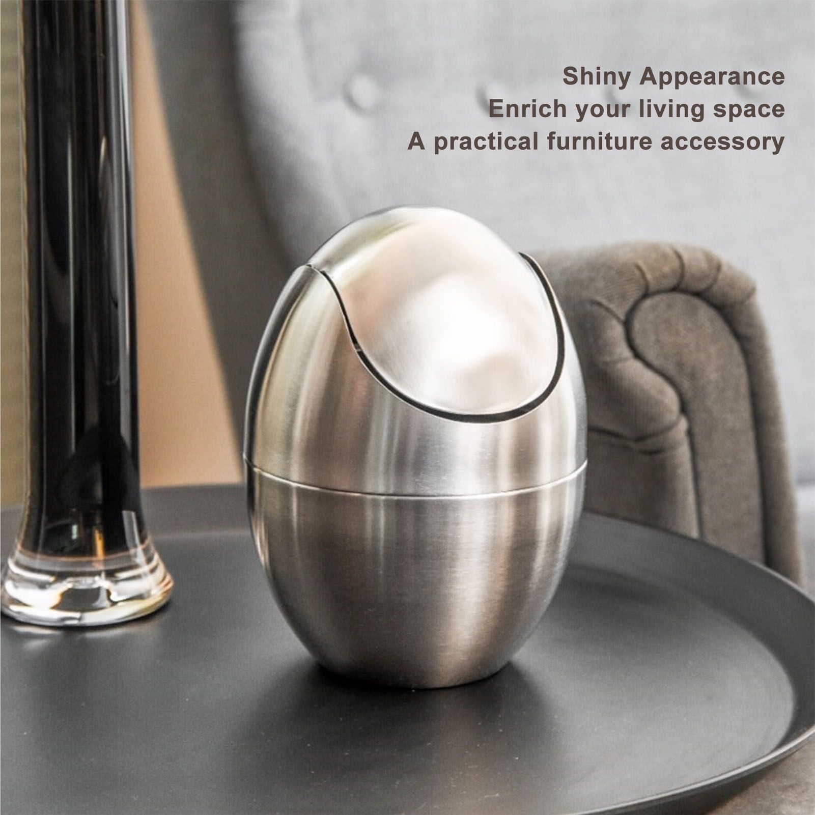 Desktop Trash Can Stainless Steel Egg Shape Mini Countertop Waste Bin with Swing Lid for Bathroom Bedroom V1294-YM0512-3117220254311