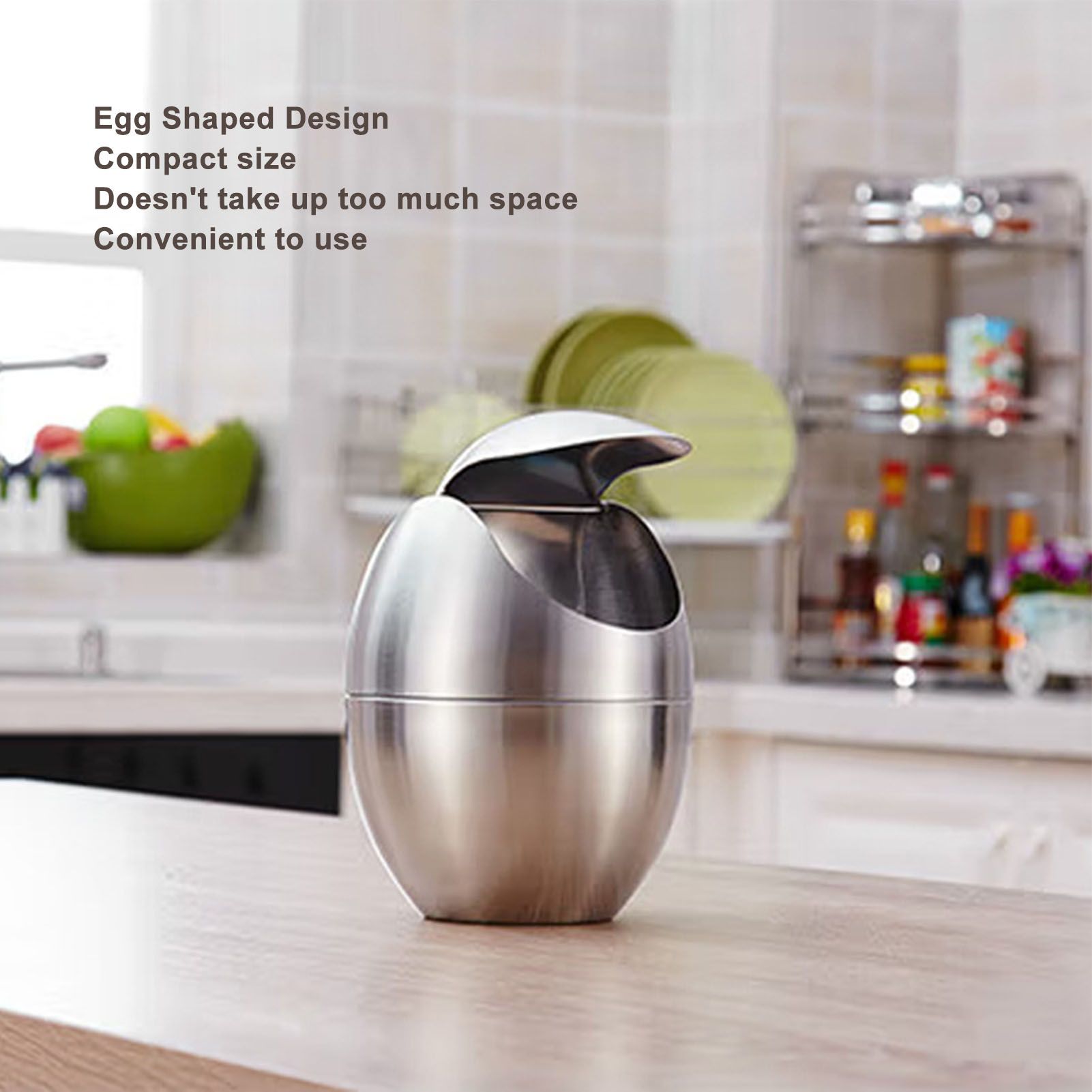 Desktop Trash Can Stainless Steel Egg Shape Mini Countertop Waste Bin with Swing Lid for Bathroom Bedroom V1294-YM0512-3117220254311