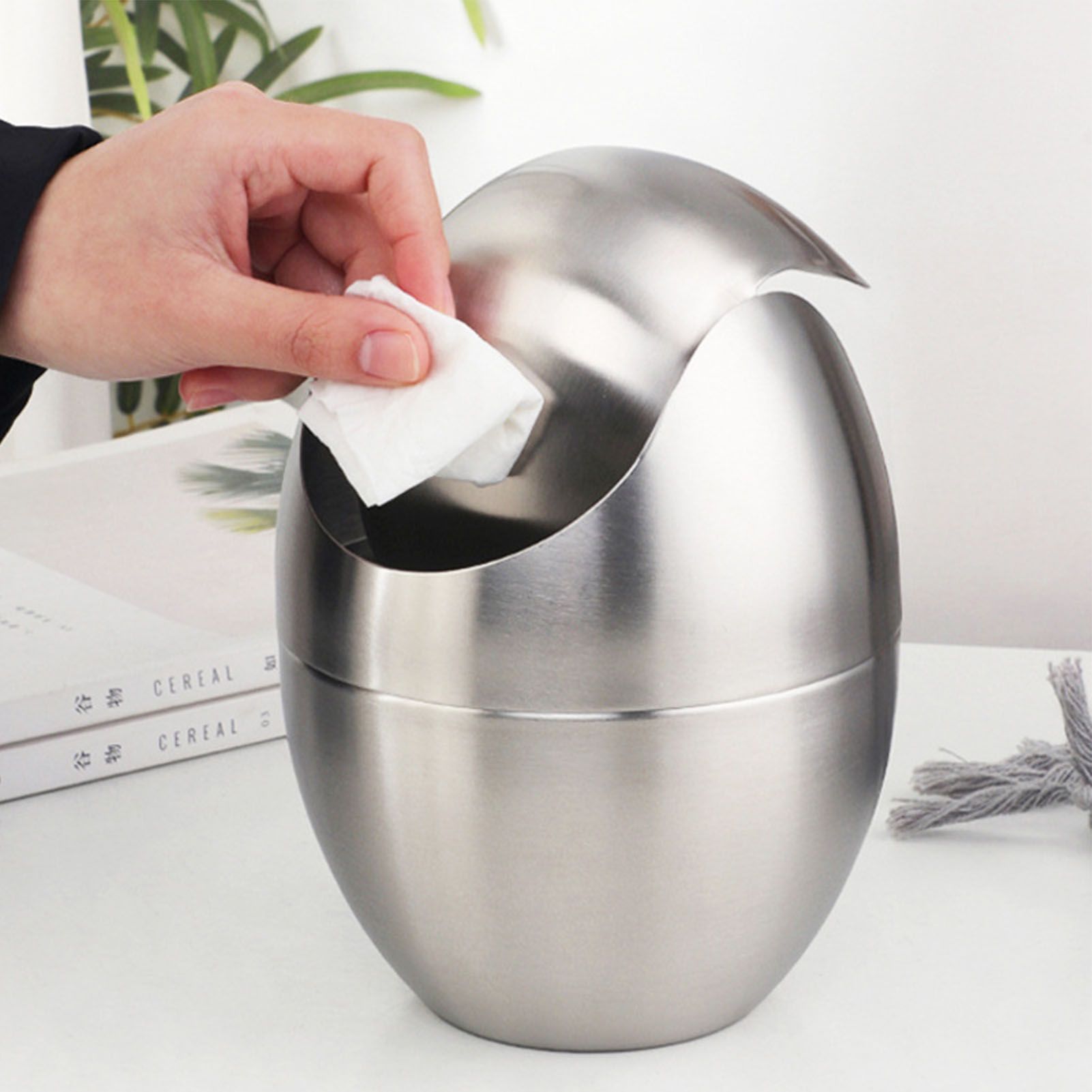 Desktop Trash Can Stainless Steel Egg Shape Mini Countertop Waste Bin with Swing Lid for Bathroom Bedroom V1294-YM0512-3117220254311