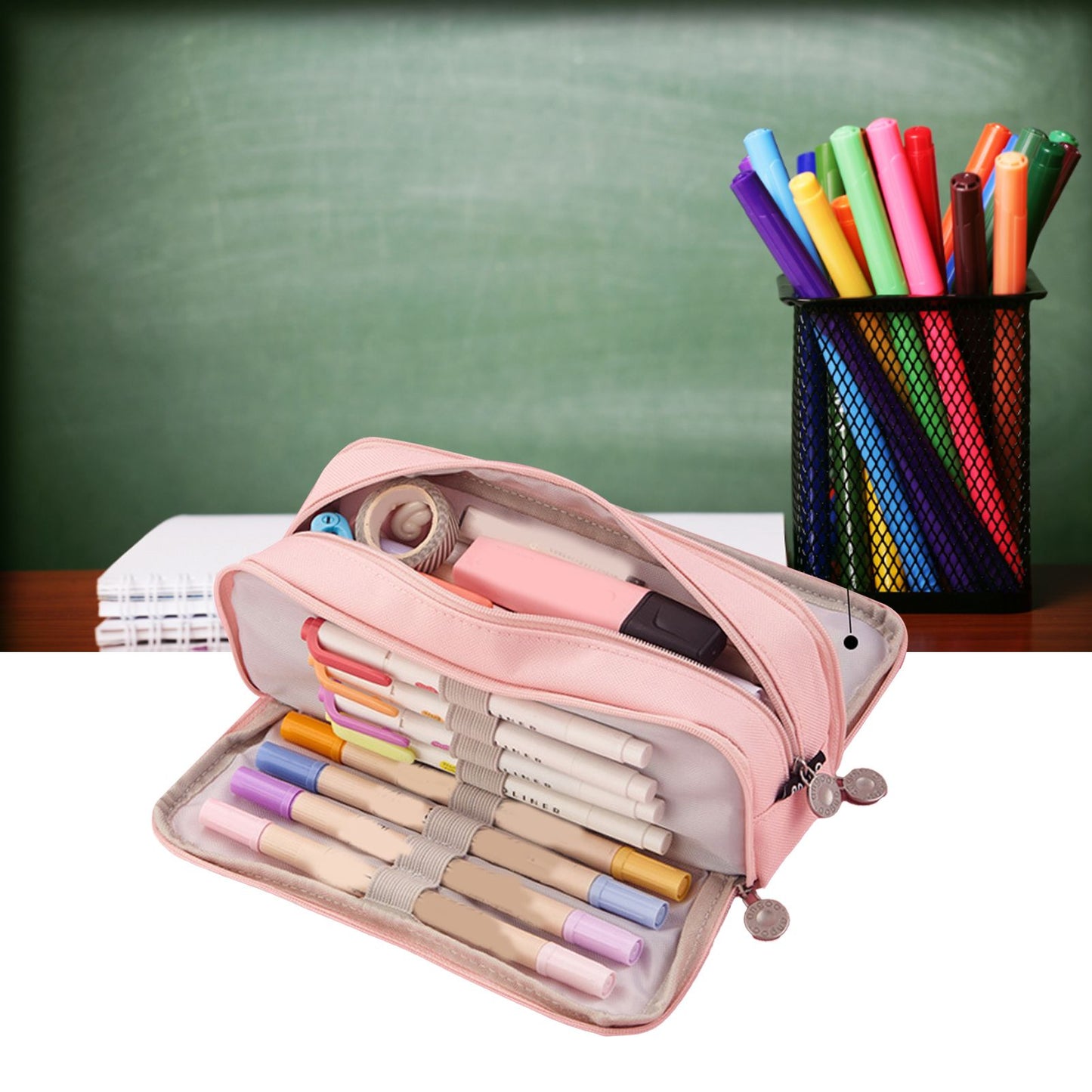 Pencil Pouch With 3 Compartments Large Capacity Double Opening Soft Canvas Dustproof Zipper Pencil Case for V1294-YM0512-3117220258711