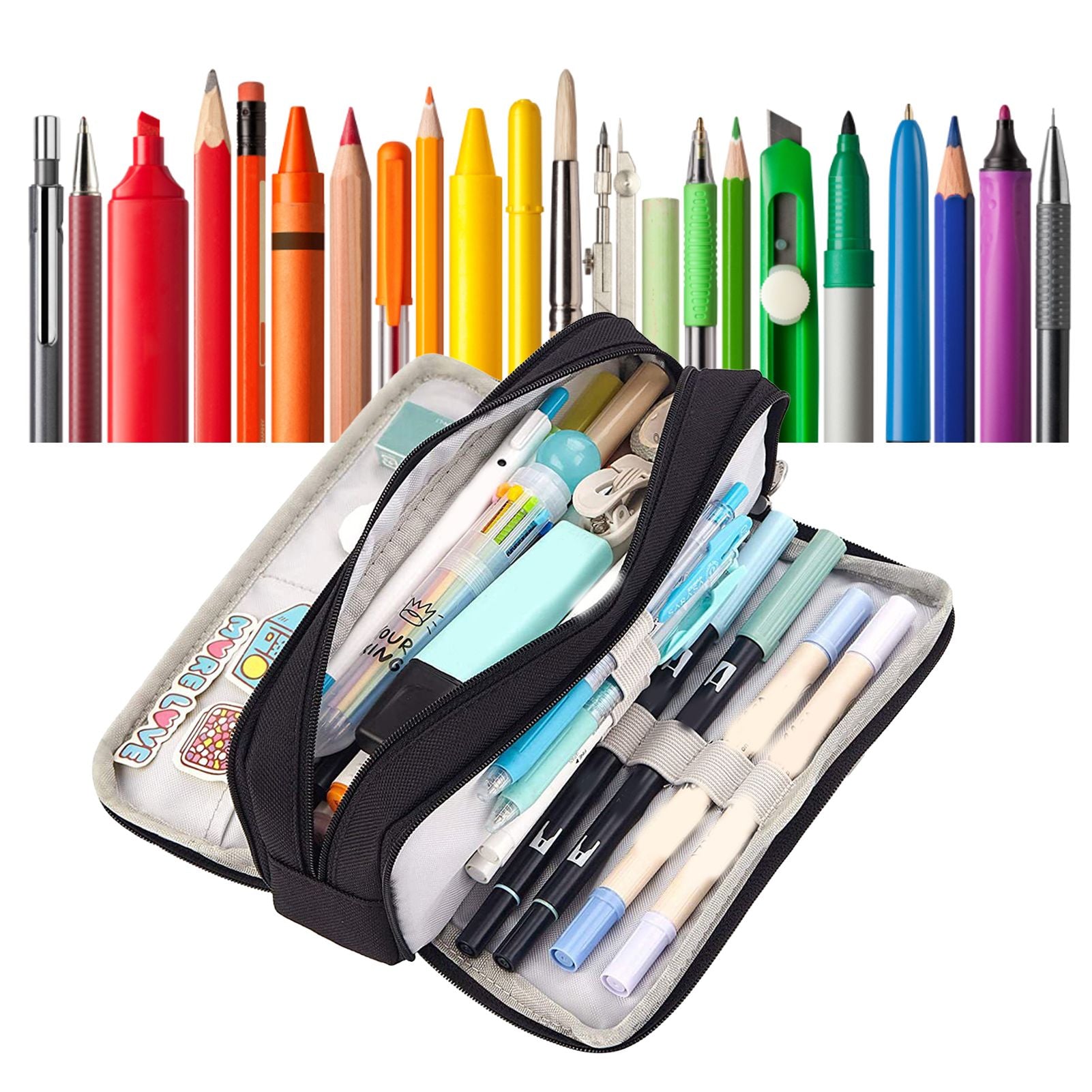 Pencil Pouch With 3 Compartments Large Capacity Double Opening Soft Canvas Dustproof Zipper Pencil Case for V1294-YM0512-3117220258712