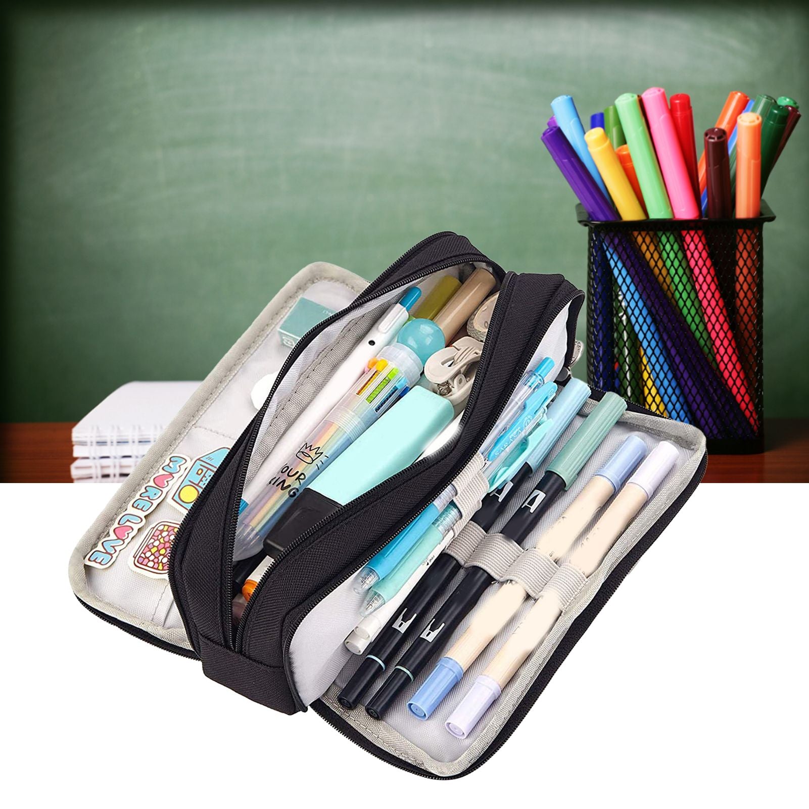 Pencil Pouch With 3 Compartments Large Capacity Double Opening Soft Canvas Dustproof Zipper Pencil Case for V1294-YM0512-3117220258712