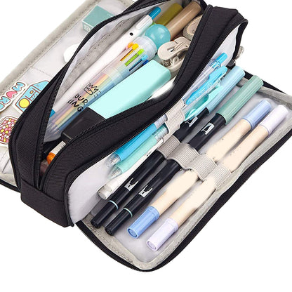 Pencil Pouch With 3 Compartments Large Capacity Double Opening Soft Canvas Dustproof Zipper Pencil Case for V1294-YM0512-3117220258712