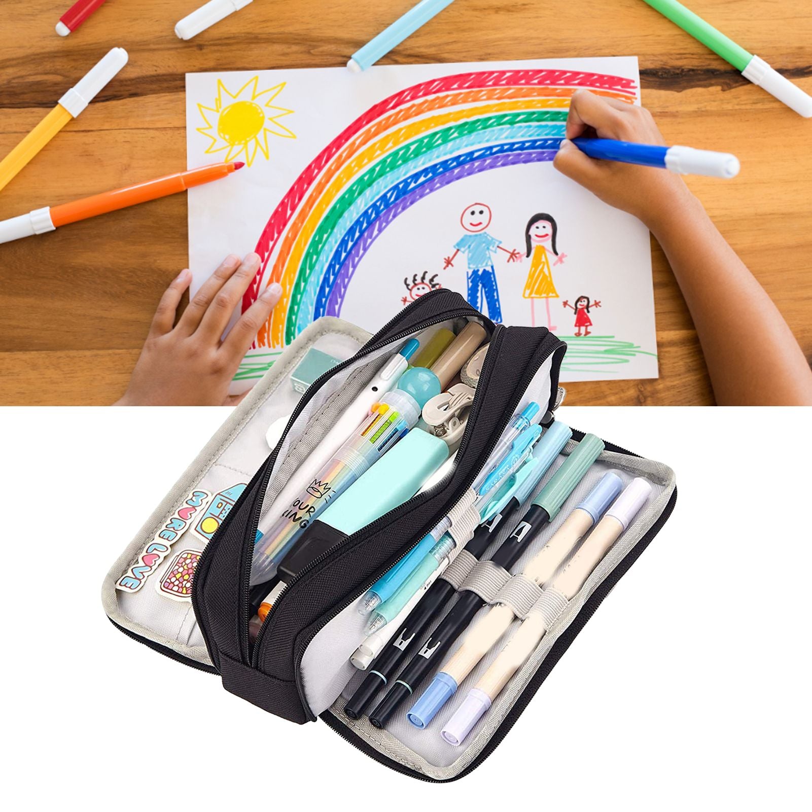 Pencil Pouch With 3 Compartments Large Capacity Double Opening Soft Canvas Dustproof Zipper Pencil Case for V1294-YM0512-3117220258712