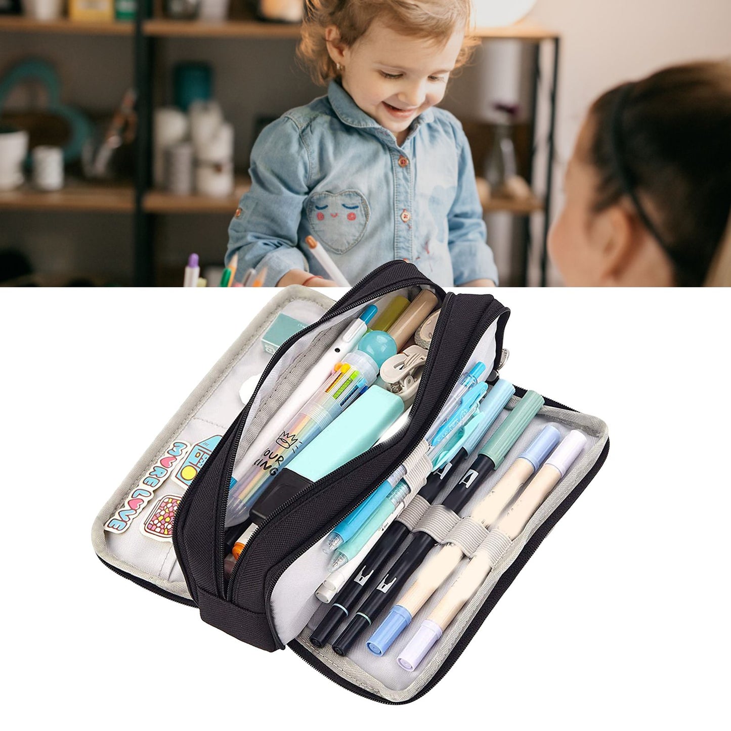 Pencil Pouch With 3 Compartments Large Capacity Double Opening Soft Canvas Dustproof Zipper Pencil Case for V1294-YM0512-3117220258712
