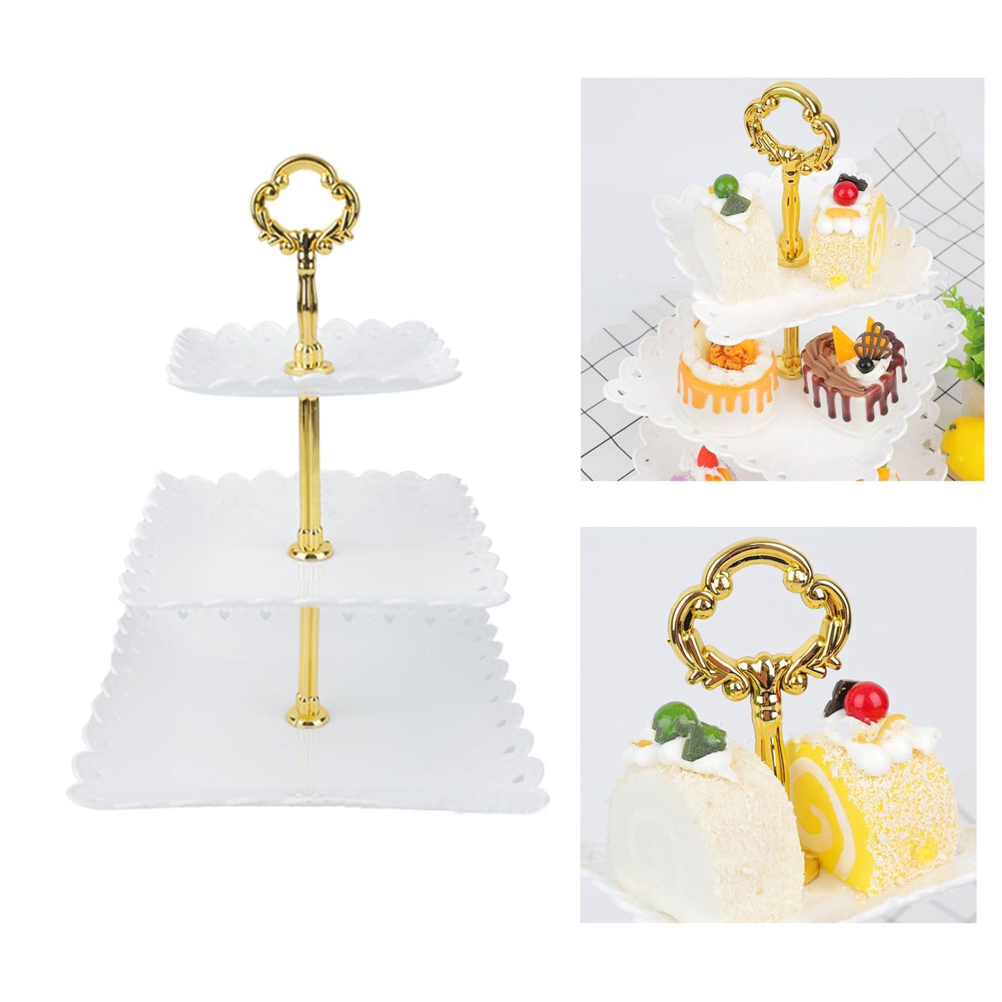 White 3 Tier Cupcake Stand Stable Plastic Decorative Square Dessert Serving Tray Rack for Weddings Parties V1294-YM0512-3117220258811