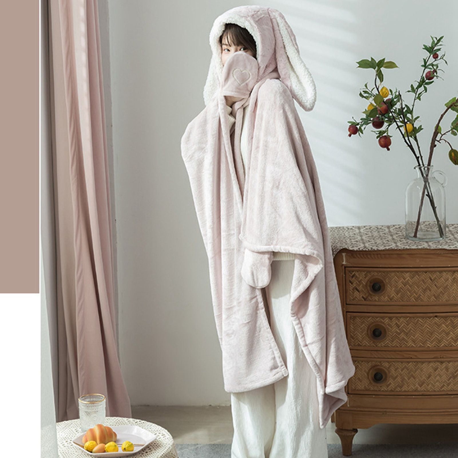 Hooded Blanket Wearable Polyester Plush Rabbit Ear Hooded Blanket Throw Soft Warm Blanket for Home Pink Large V1294-YM0512-3117220259411
