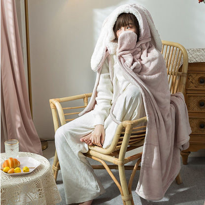 Hooded Blanket Wearable Polyester Plush Rabbit Ear Hooded Blanket Throw Soft Warm Blanket for Home Pink Large V1294-YM0512-3117220259411