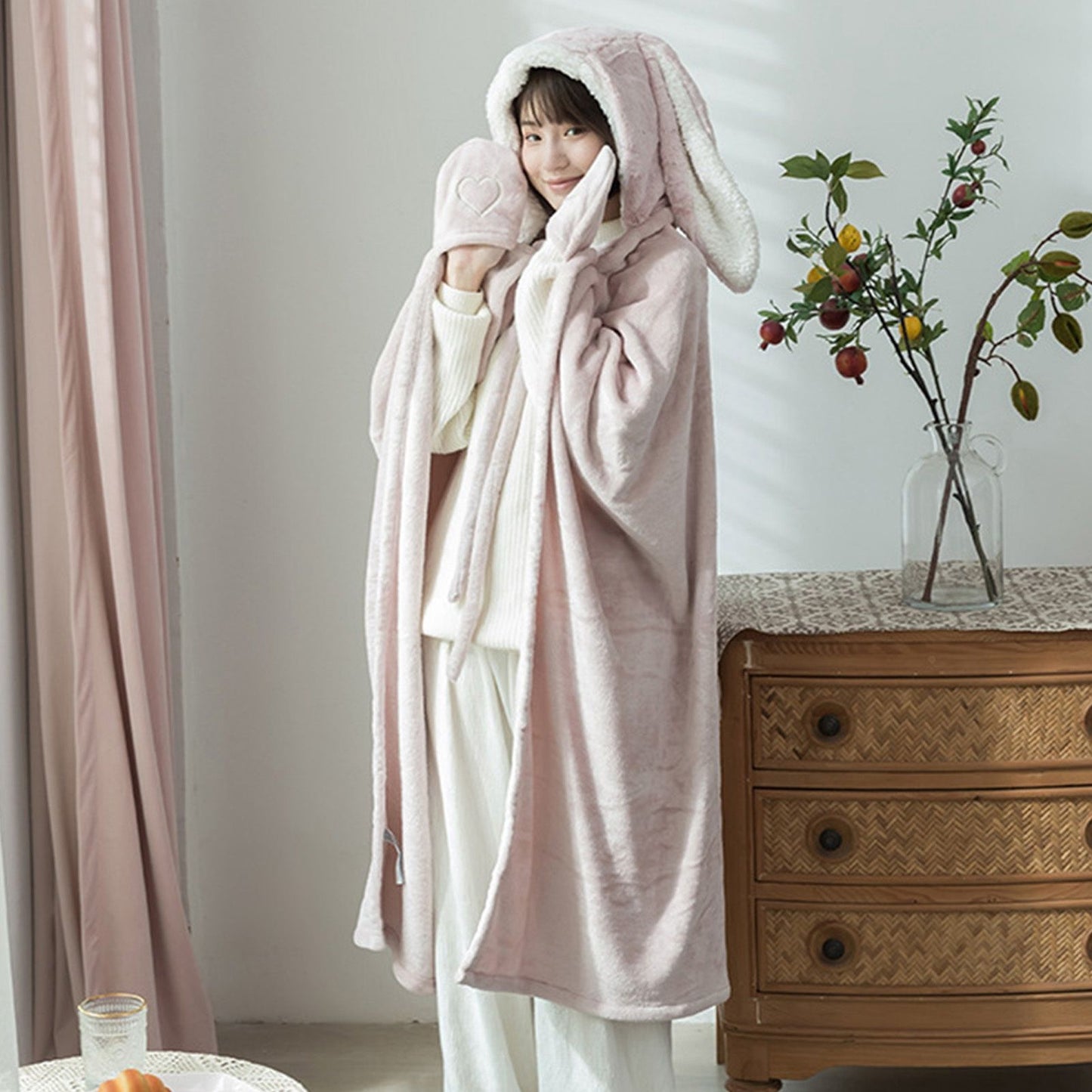 Hooded Blanket Wearable Polyester Plush Rabbit Ear Hooded Blanket Throw Soft Warm Blanket for Home Pink Large V1294-YM0512-3117220259411