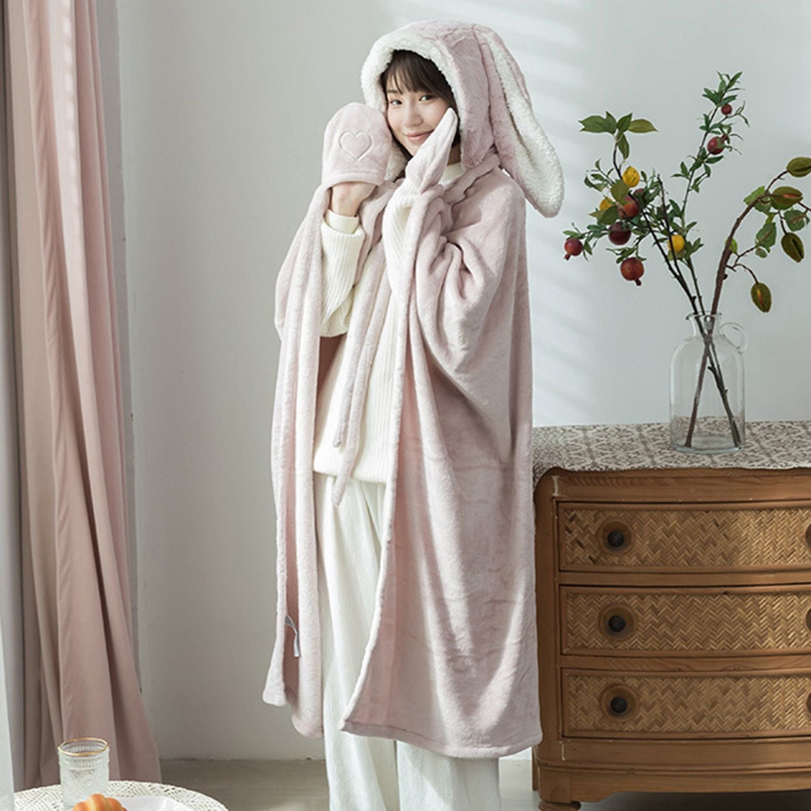 Hooded Blanket Wearable Polyester Plush Rabbit Ear Hooded Blanket Throw Soft Warm Blanket for Home Pink Large V1294-YM0512-3117220259411