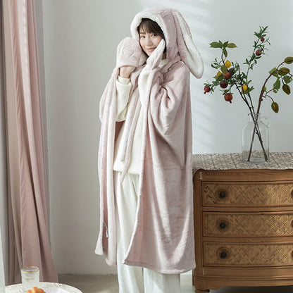 Hooded Blanket Wearable Polyester Plush Rabbit Ear Hooded Blanket Throw Soft Warm Blanket for Home Pink Large V1294-YM0512-3117220259411