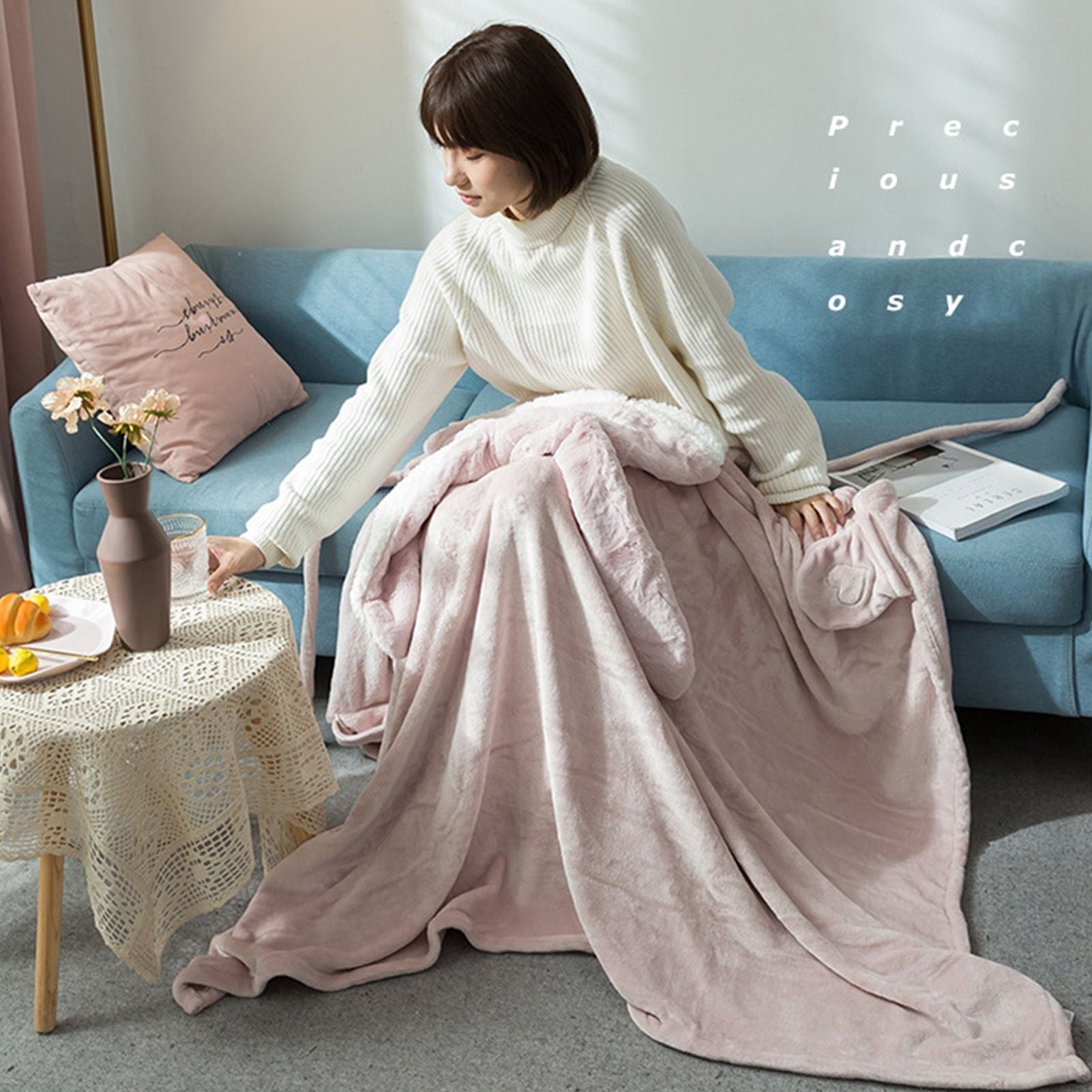 Hooded Blanket Wearable Polyester Plush Rabbit Ear Hooded Blanket Throw Soft Warm Blanket for Home Pink Large V1294-YM0512-3117220259411