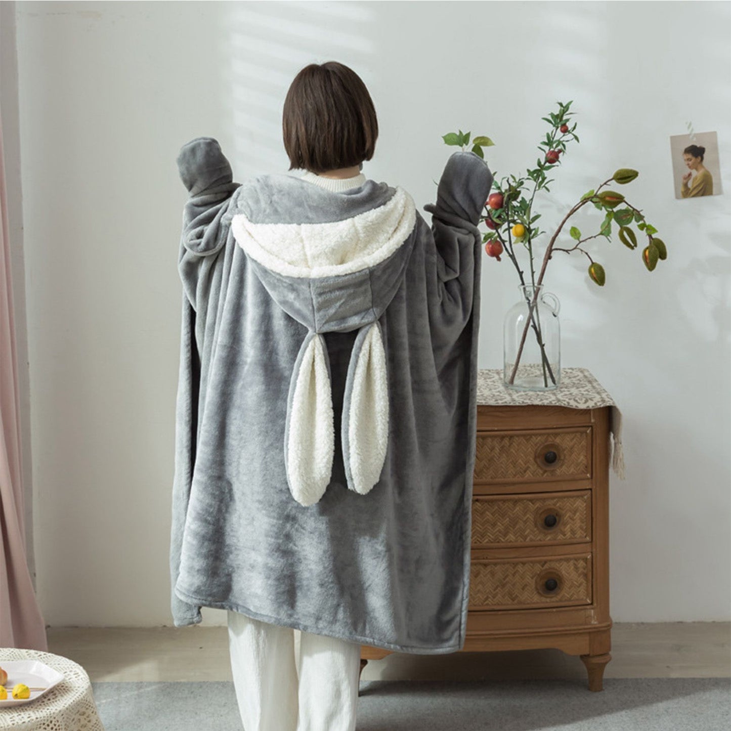 Hooded Blanket Wearable Polyester Plush Rabbit Ear Hooded Blanket Throw Soft Warm Blanket for Home Dark Gray V1294-YM0512-3117220259412
