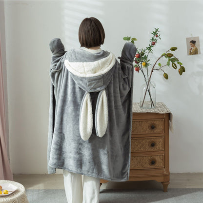 Hooded Blanket Wearable Polyester Plush Rabbit Ear Hooded Blanket Throw Soft Warm Blanket for Home Dark Gray V1294-YM0512-3117220259412