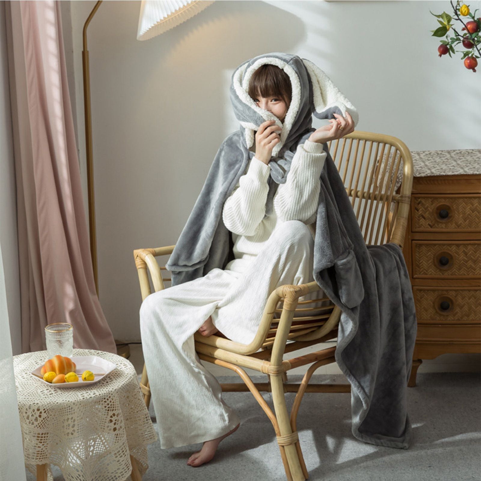 Hooded Blanket Wearable Polyester Plush Rabbit Ear Hooded Blanket Throw Soft Warm Blanket for Home Dark Gray V1294-YM0512-3117220259412